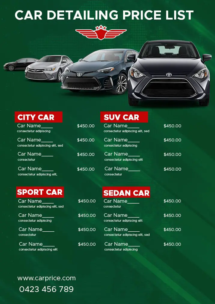 10+ Printable Car Detailing Price List psd template free