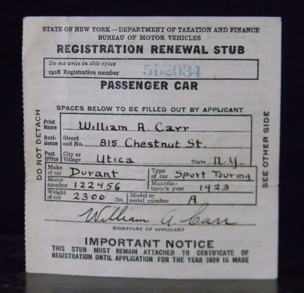 1928 New York State DMV Passenger Car Registration Renewal Stub ...
