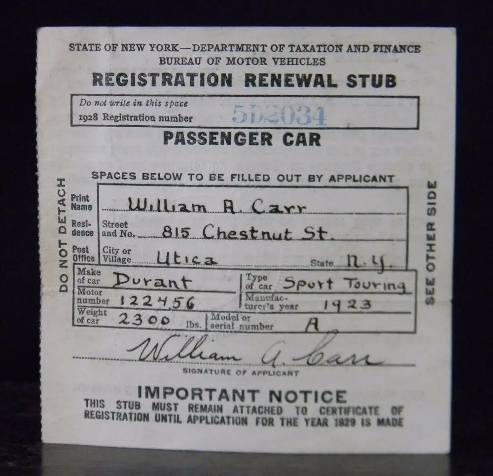 1928 New York State DMV Passenger Car Registration Renewal ...
