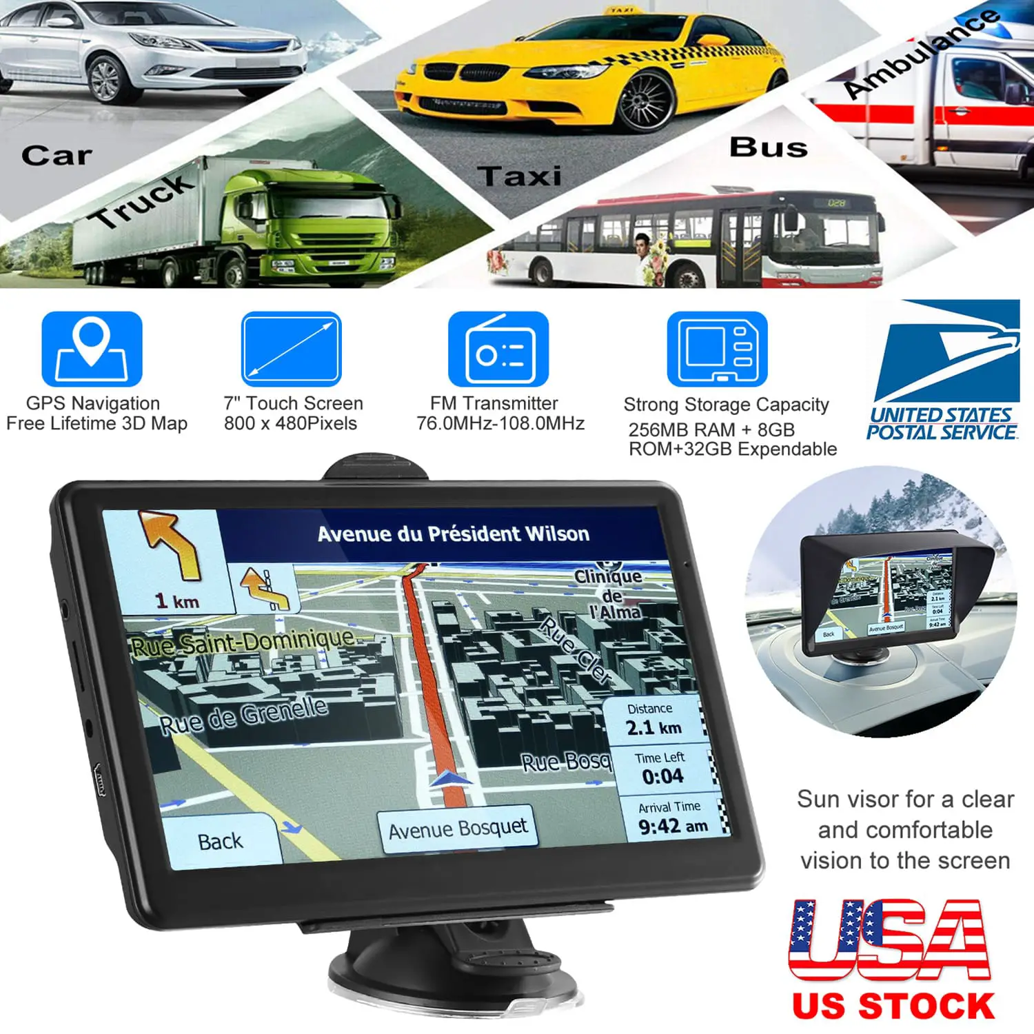 7"  Car GPS Navigation 8GB Lorry Truck Navigator Voice Lane Navigation ...