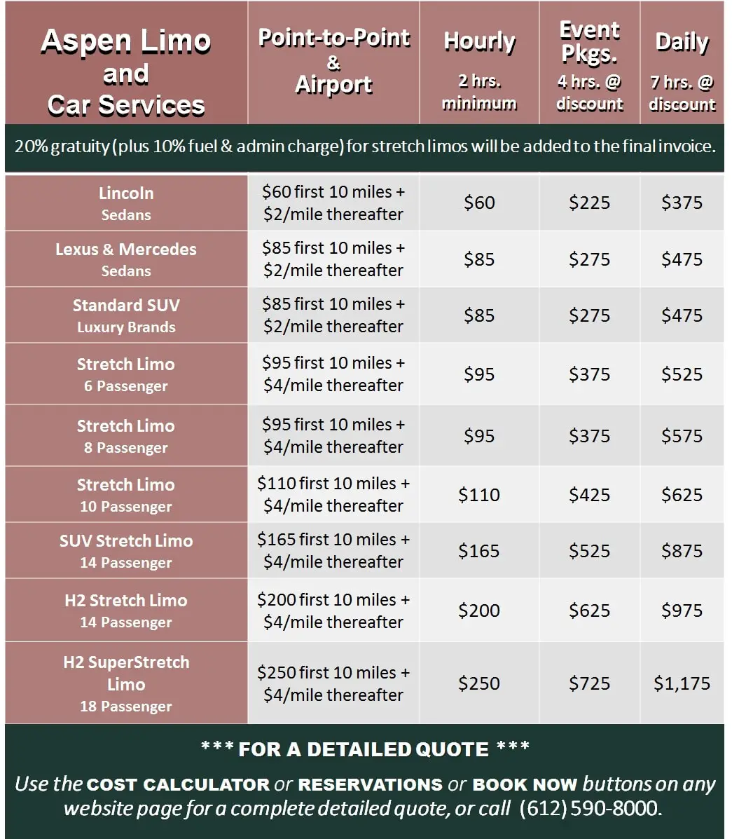 Aspen Minneapolis Limousine and Car Service Rates