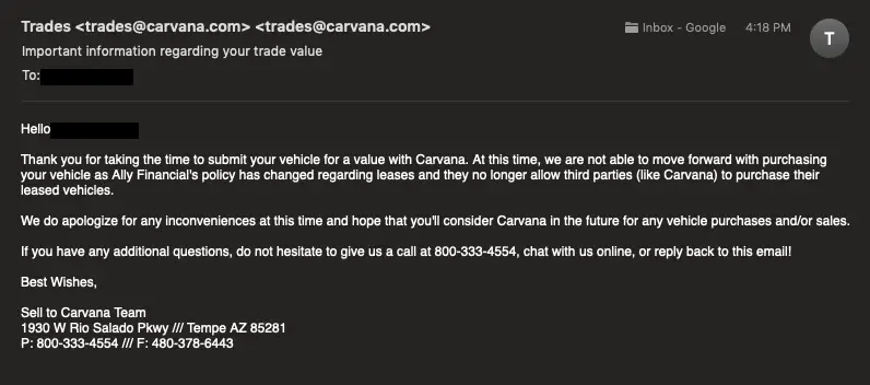 Can no longer sell Ally Leased Vehicle To Carvana