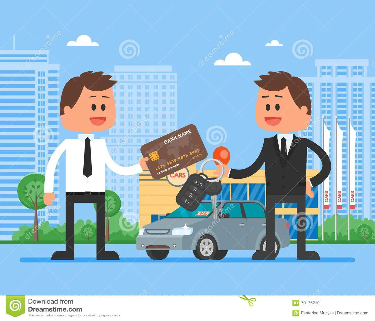 Car Sale Vector Illustration. Customer Buying Automobile From Dealer ...