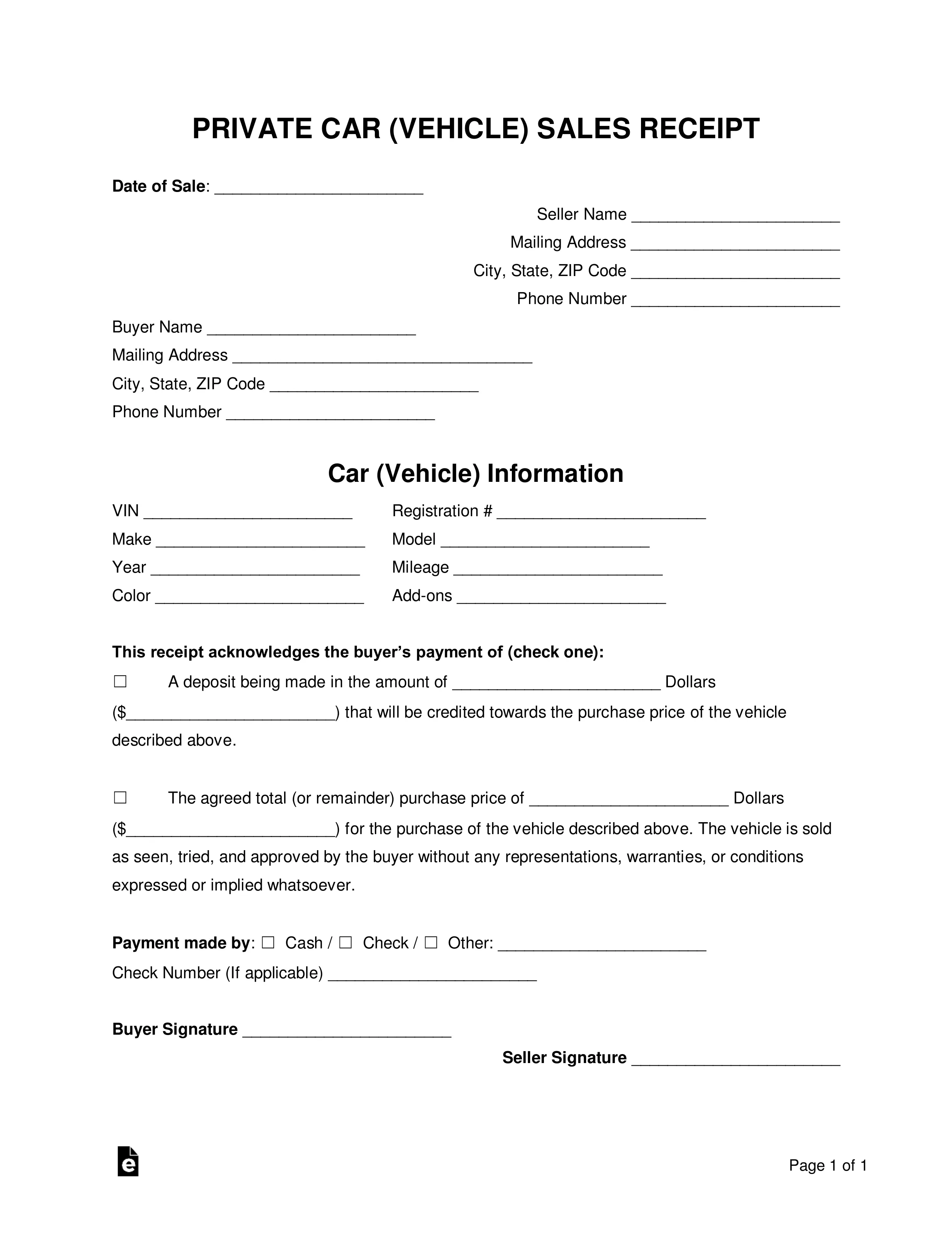 Free Vehicle (Private Sale) Receipt Template
