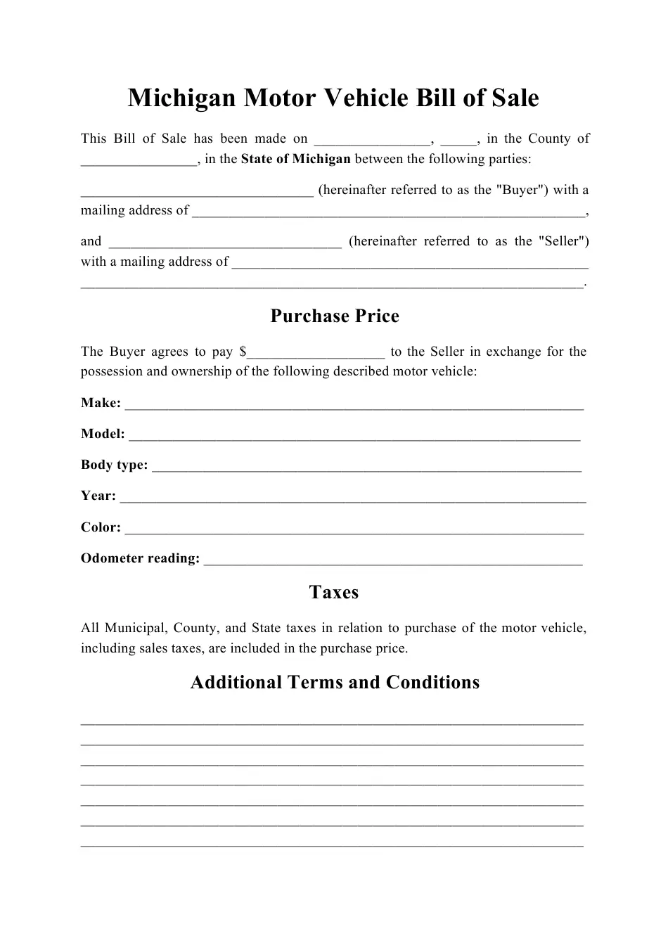 Michigan Motor Vehicle Bill of Sale Download Printable PDF ...