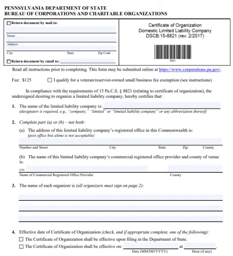 Pennsylvania LLC Certificate of Organization