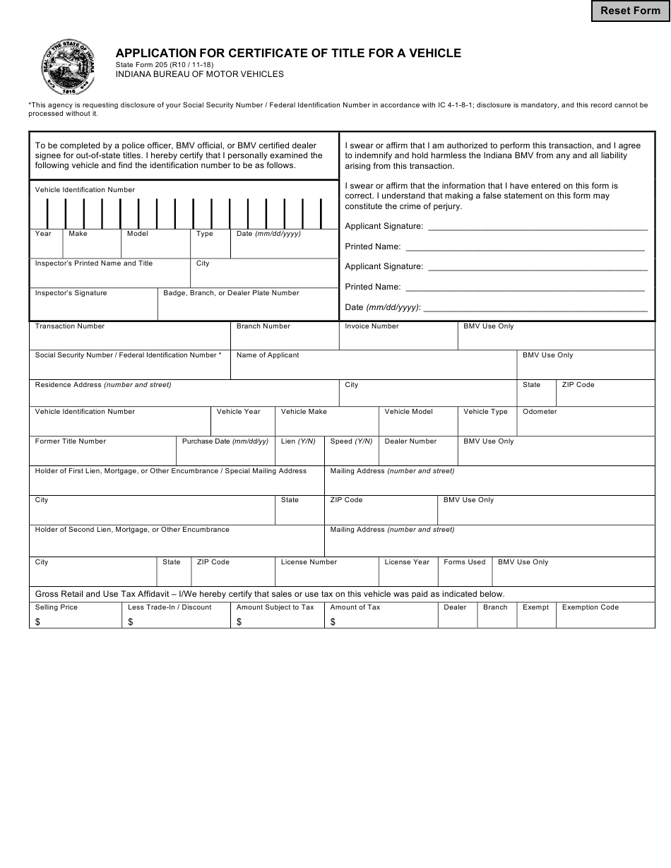 State Form 205 Download Fillable PDF or Fill Online Application for ...